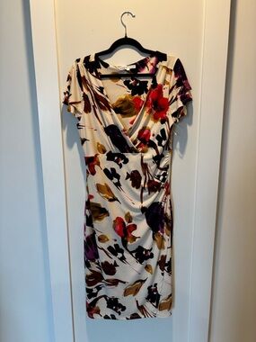 cleo Cream Floral Faux-Wrap Midi Dress with Pink and Purple Accents